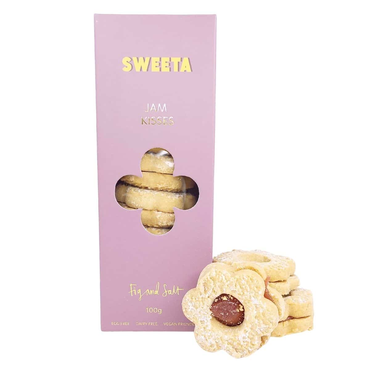Jam Kisses Biscuits 100g flower-shaped vegan biscuits with raspberry jam filling