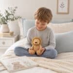 Child cuddling Leo Lion soft plush comfort toy