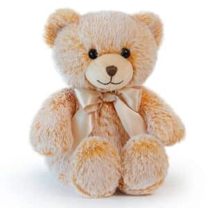 Theo Cuddlington Bear Hug Mate 25 cm weighted teddy bear with soft honey and white fur and a beige bow for babies and children