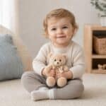Little Theo Cuddlington Bear Hug Mate being cuddled by a young boy