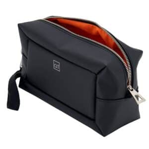 Men’s black toiletry bag with zip closure, internal mesh pocket and clip-on handle for travel and grooming essentials