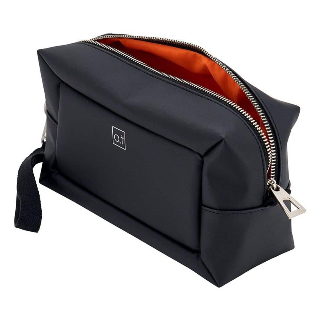 Men’s black toiletry bag with zip closure, internal mesh pocket and clip-on handle for travel and grooming essentials