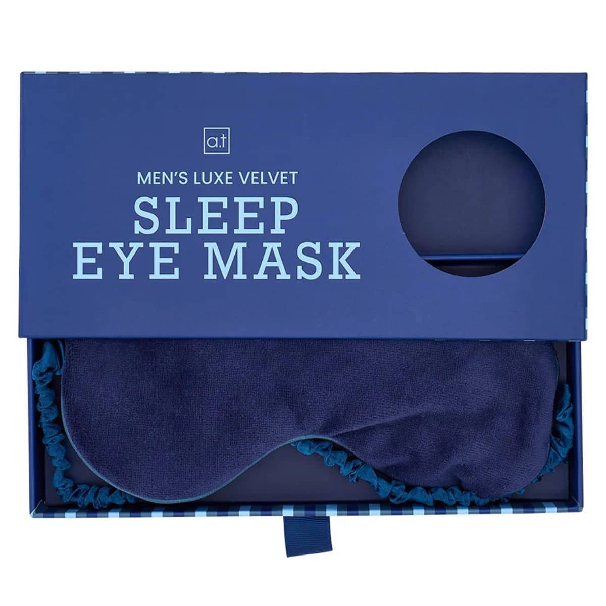 Men’s Velvet Navy Sleep Mask with satin backing presented in gift box – luxury sleep and relaxation gift for him