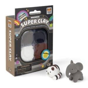 Neutrals Super Clay Moonrise set with four air-dry clay shades, resealable container, sculpting tool and cat and elephant instructions