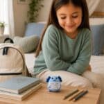 Young girl looking at her Positive Axolotl mini crochet plush