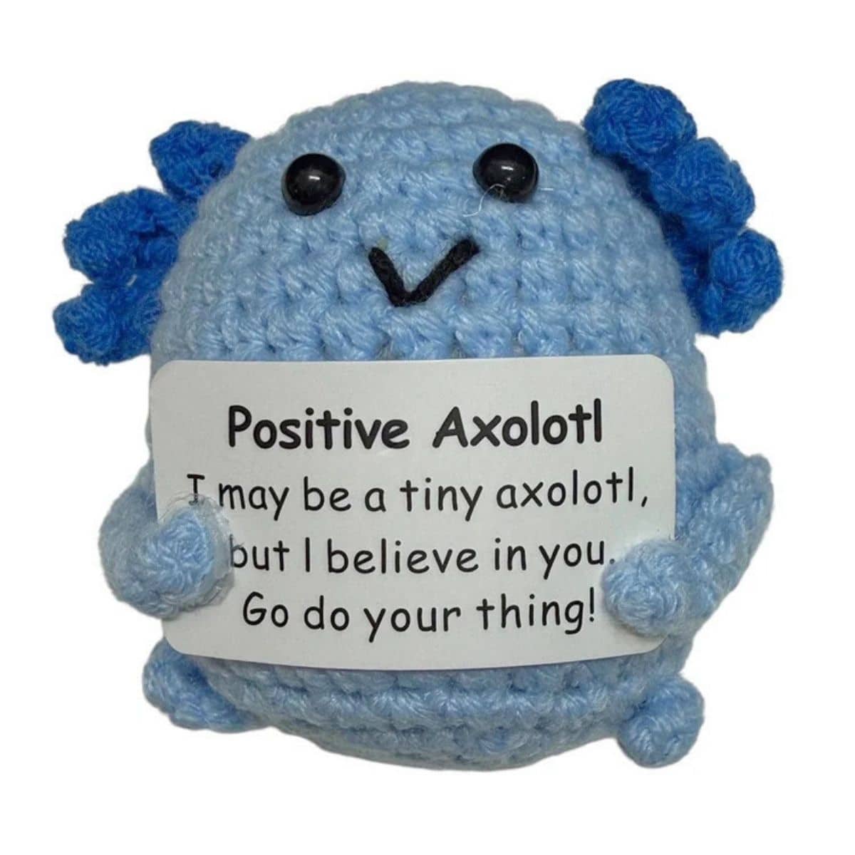 A pocket-sized handmade Positive Axolotl crochet plush created as a sweet reminder of encouragement and support.