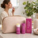 Beige textured makeup bag on a bathroom counter with two raspberry fields lip balms and a pink box; blurred woman applying lipstick in the background.