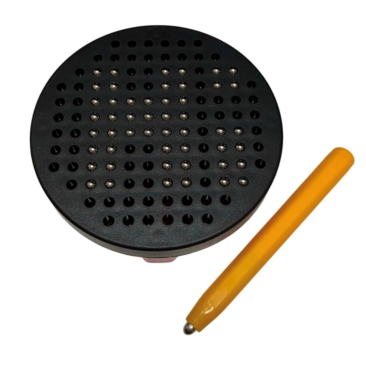 A compact black magnetic sensory pad with steel beads and convenient stylus storage.