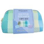 Luxury Shower Steamer & Cosmetic Bag Gift Set with Sleep and Breathe aromatherapy shower steamers and premium blue vegan leather cosmetic bag for self-care and gifting.