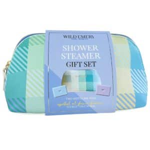 Luxury Shower Steamer & Cosmetic Bag Gift Set with Sleep and Breathe aromatherapy shower steamers and premium blue vegan leather cosmetic bag for self-care and gifting.