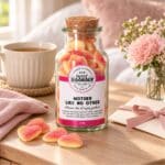A Dose of Mother Like No Other sour peach heart candy displayed with tea and thoughtful Mother’s Day gifts for Mum