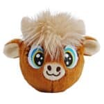 Bouncible Highland Cow Hank 8cm caramel bouncing plush toy with fluffy fringe, soft horns and embroidered bee