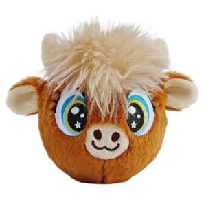 Bouncible Highland Cow Hank 8cm caramel bouncing plush toy with fluffy fringe, soft horns and embroidered bee