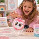Child playing with Bouncible Hedgehog Hazel bouncing plush toy