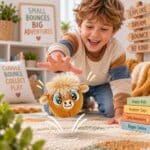 Child playing with Bouncible Highland Cow Hank bouncing plush toy