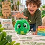 Child playing with Bouncible Gecko Flip green bouncing plush gecko toy