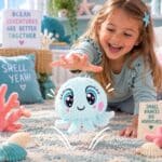 Child playing with Bouncible Octopus Minty bouncing plush toy with high-bounce rubber core