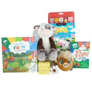 Children’s On The Farm Activity Box Hamper with farm toys, puzzles, games and plush cow