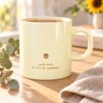 Full of Sunshine Ceramic Mug styled with tea, eucalyptus and soft linen in warm natural light