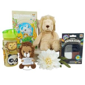 Kids Courage Gift Hamper with lion plush toys, zoo activities, Super Clay and drink bottle for children aged 4–8