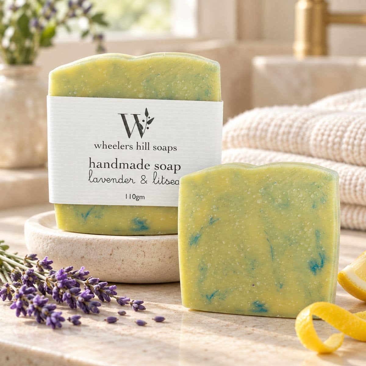 Lavender and Litsea handmade soap styled with lavender sprigs and fresh citrus in a softly lit bathroom