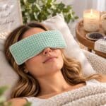 Mint lavender and flaxseed eye rest pillow styled with calming self-care essentials for relaxation