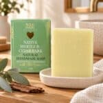 Native Myrtle & Cedar Bark Soap styled with eucalyptus, natural timber and warm linen in an Australian-inspired bathroom setting