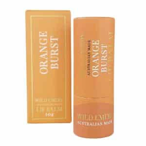 Orange Burst Natural Lip Balm in a recyclable 10g cardboard tube, handmade in Australia with jojoba oil