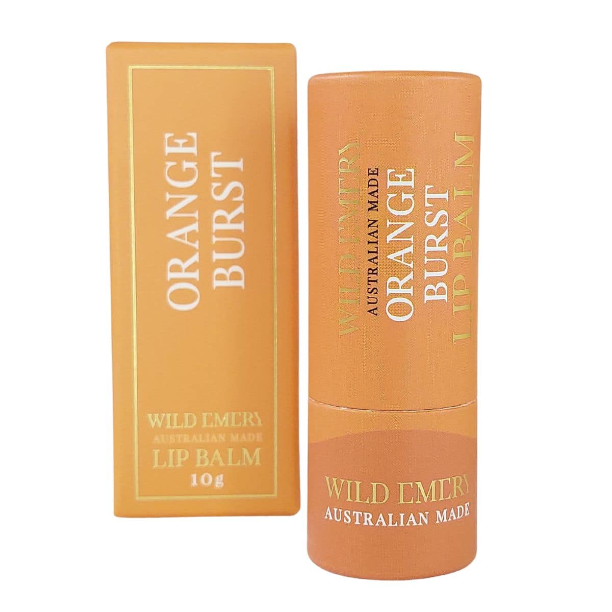 Orange Burst Natural Lip Balm in a recyclable 10g cardboard tube, handmade in Australia with jojoba oil