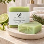 Pine and Lime handmade soap styled with fresh lime and pine sprigs in a softly lit bathroom