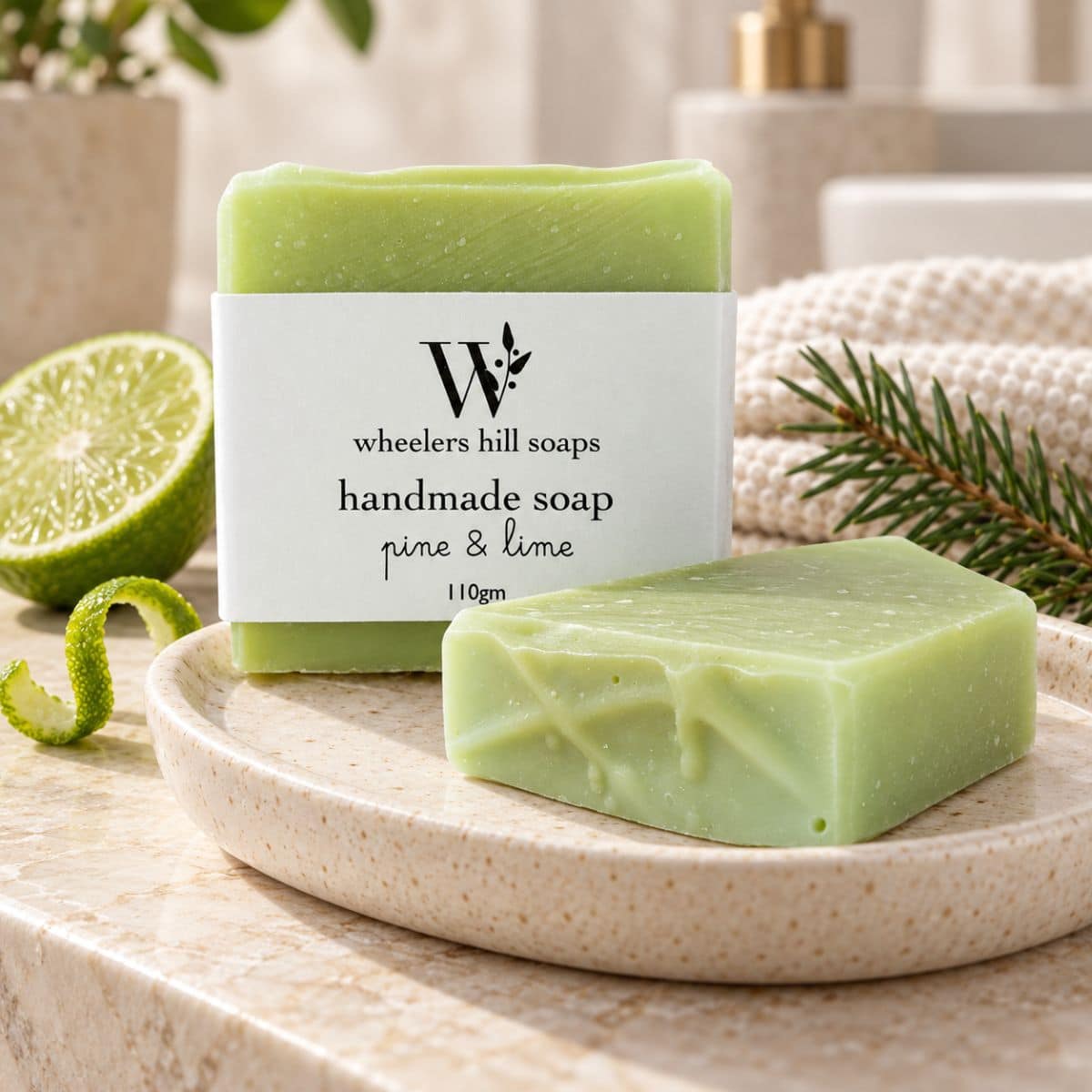 Pine and Lime handmade soap styled with fresh lime and pine sprigs in a softly lit bathroom