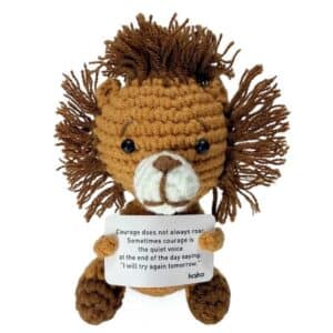 Positive Lion mini handmade crochet plush with quiet courage message