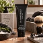 Sea Salt & Sandalwood Shaving Cream styled with men's grooming accessories for a self-care gift hamper