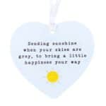 Sending Sunshine clear acrylic heart ornament with uplifting quote, sun motif and white satin hanging ribbon
