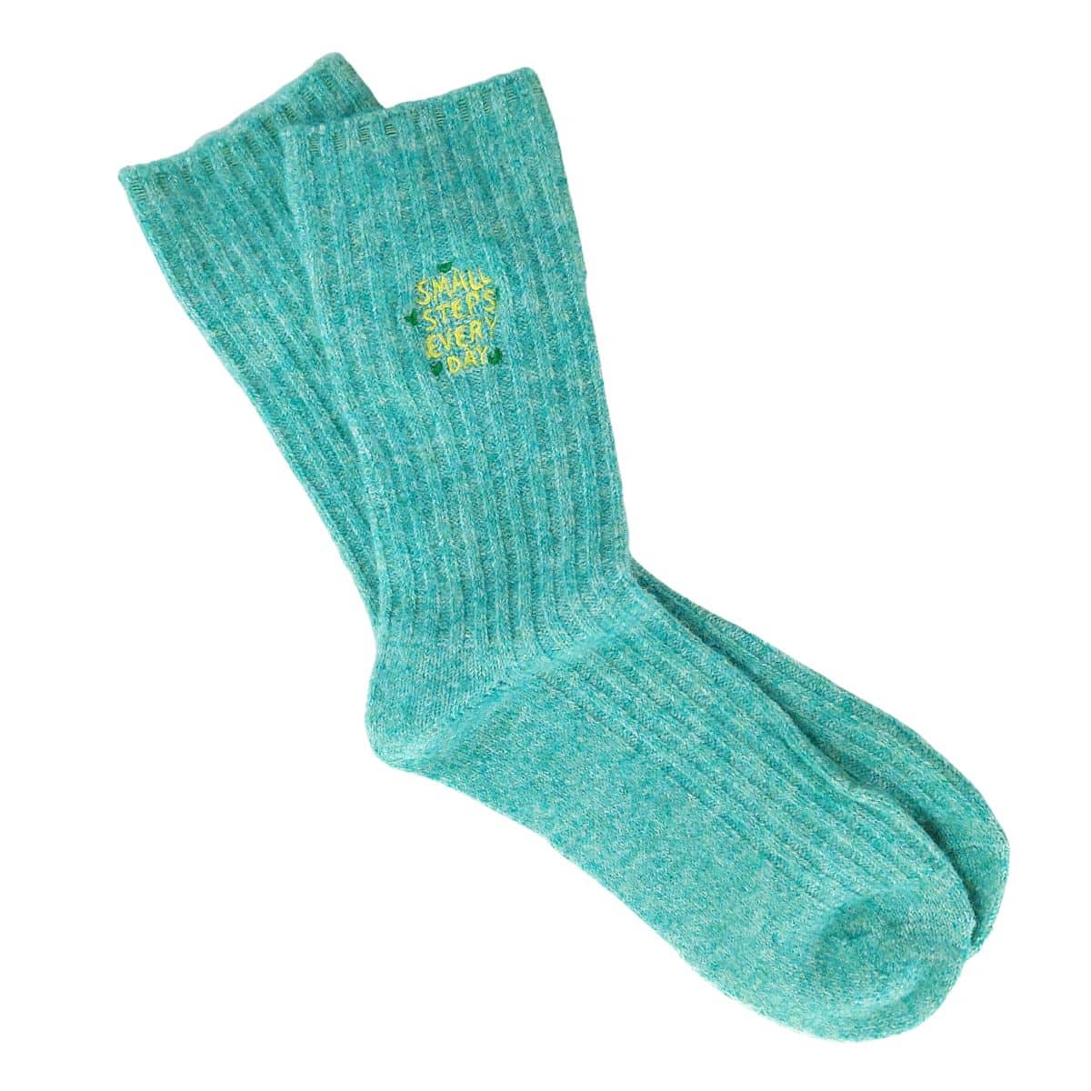 Mint ribbed Small Steps Every Day Comfiest Socks with yellow embroidered wording and small green hearts