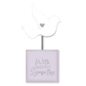With Deepest Sympathy Sentiment Block with white dove and silver foil heart on a soft purple block