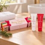 Christmas Body Care Duo Bon Bon with cleanser and cream on a wooden vanity beside a white towel