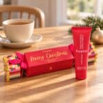 Christmas Hand Balm Bon Bon 50ml beside a cup of tea on a wooden table