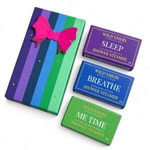 Cool and Clear Shower Steamer Gift Set with individually boxed Sleep, Breathe and Me Time essential oil shower steamers.