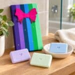 Cool and Clear Shower Steamer Gift Set with three unwrapped pastel rectangular steamers and striped gift packaging on a wooden bathroom vanity.