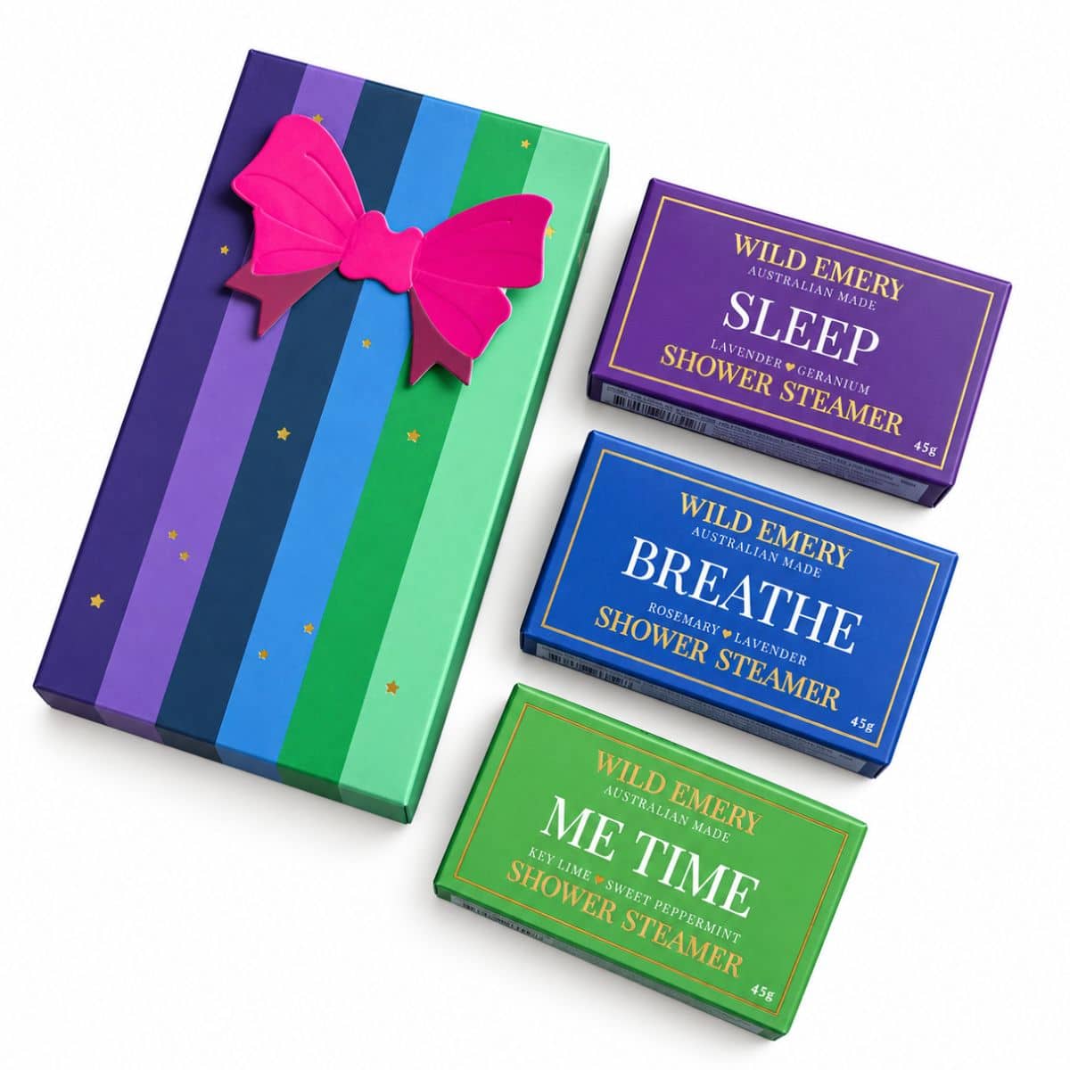 Cool and Clear Shower Steamer Gift Set with individually boxed Sleep, Breathe and Me Time essential oil shower steamers.
