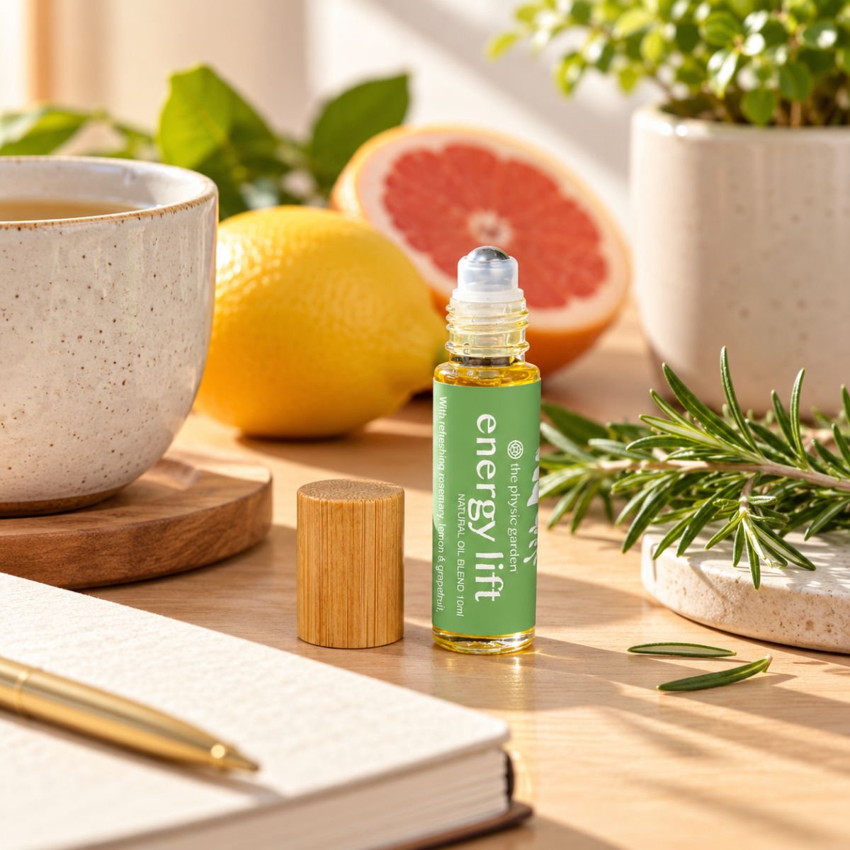 Energy Lift Aromatherapy Roller beside a journal, tea and fresh rosemary on a sunlit desk, featuring an uplifting citrus and herbal essential oil blend.