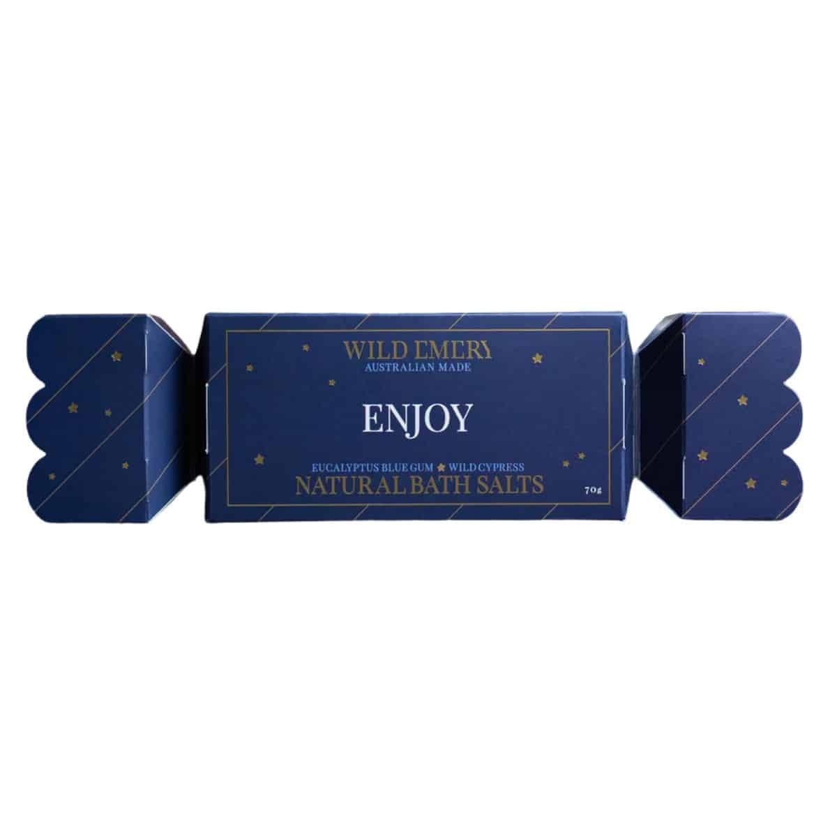 Wild Emery Enjoy Bath Salt Bon Bon, Australian-made magnesium bath salts with eucalyptus and cypress essential oils in decorative gift packaging.