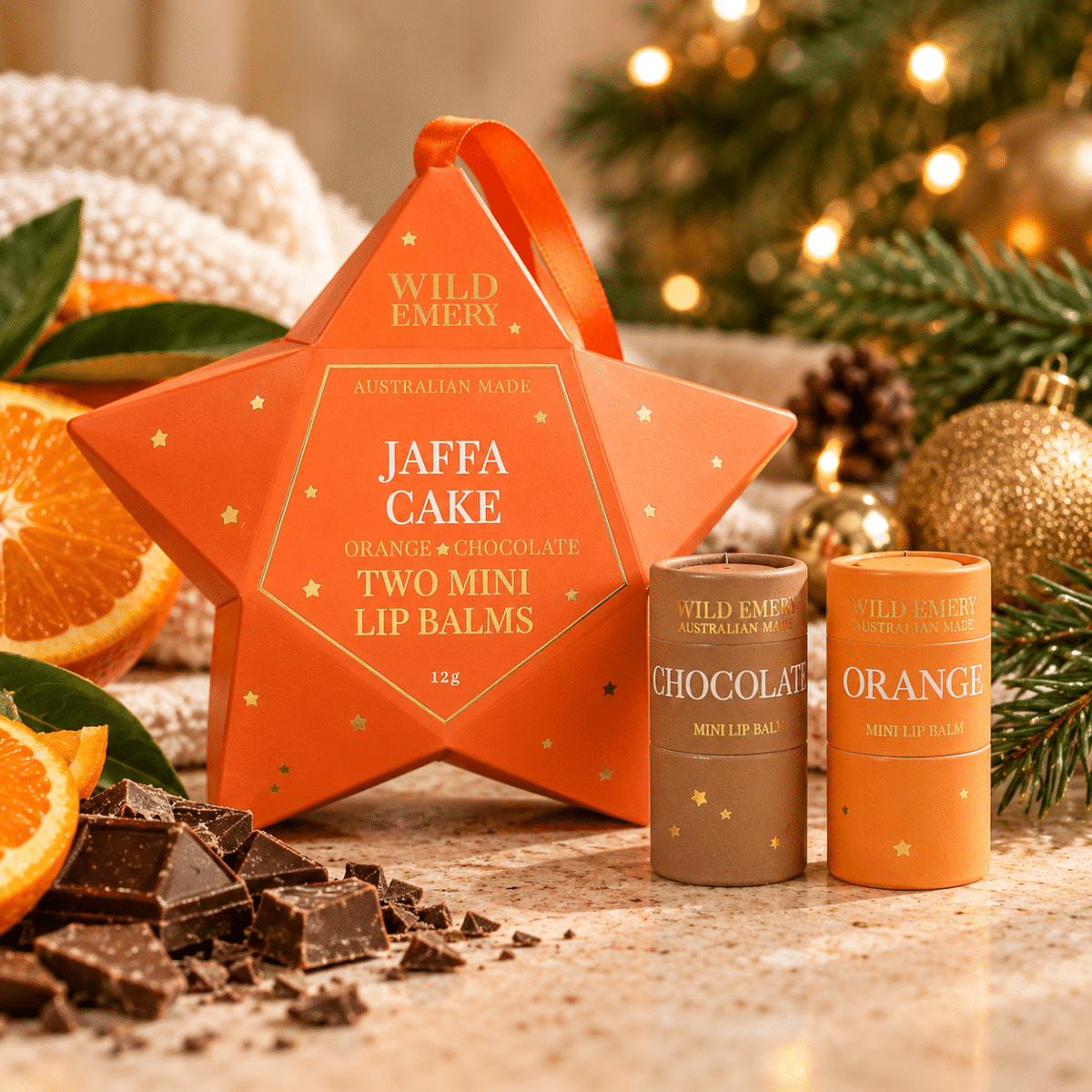 Jaffa Mini Lip Balm Duo Star with orange and chocolate natural lip balms displayed in a warm Christmas setting, ideal for stocking fillers and festive gifts.