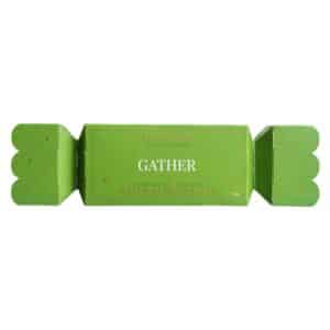 Gather Bath Salt Bon Bon 70g in green Christmas cracker packaging, Australian-made Christmas tree and lemonade natural bath salts with fir needle essential oils.