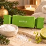 Gather Christmas Bath Salt Bon Bon styled with natural bath salts, soft towels and subtle festive decorations in a warm bathroom setting.