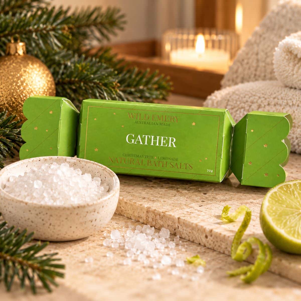 Gather Christmas Bath Salt Bon Bon styled with natural bath salts, soft towels and subtle festive decorations in a warm bathroom setting.