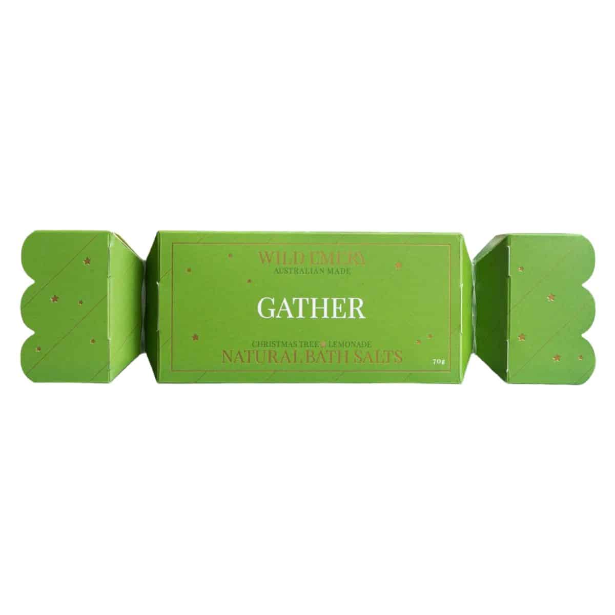 Gather Bath Salt Bon Bon 70g in green Christmas cracker packaging, Australian-made Christmas tree and lemonade natural bath salts with fir needle essential oils.