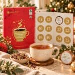 Herbal Tea Christmas Advent Calendar styled with Australian loose-leaf tea tins, a freshly brewed cup of tea and soft festive accents