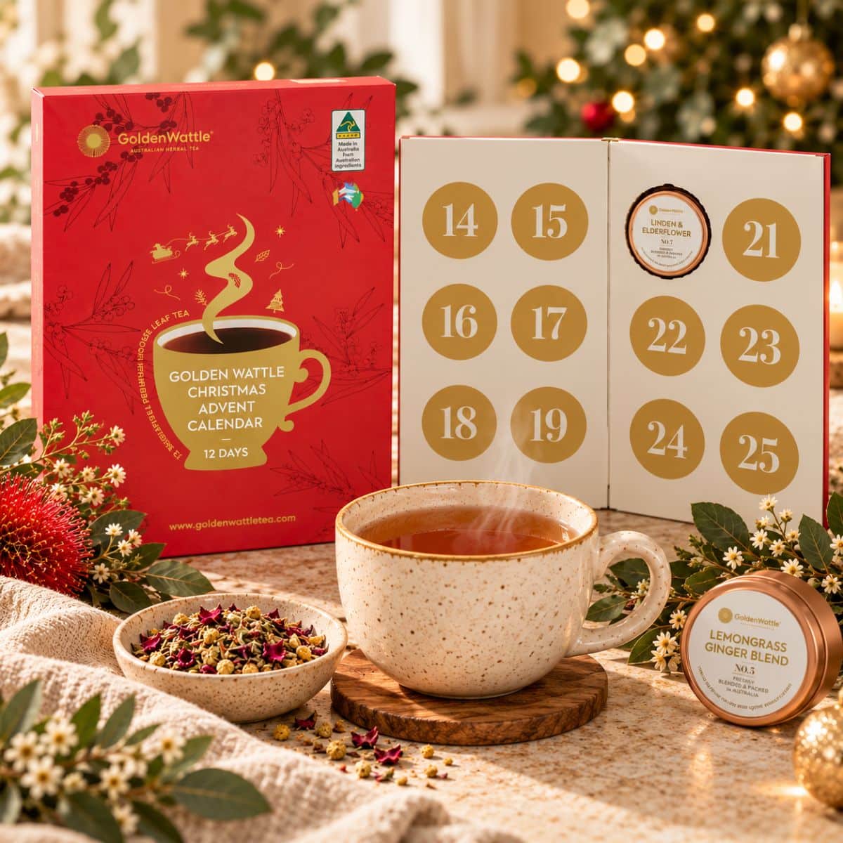 Herbal Tea Christmas Advent Calendar styled with Australian loose-leaf tea tins, a freshly brewed cup of tea and soft festive accents
